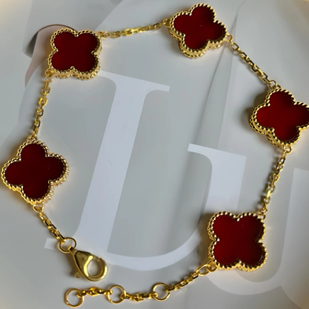 （龙虾扣）18k黄金四叶草手链15mm红色百搭