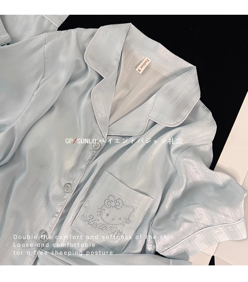 gpsunlu夏季冰丝蒂芙尼蓝卡通猫睡衣女款甜美带胸垫三件套家居服