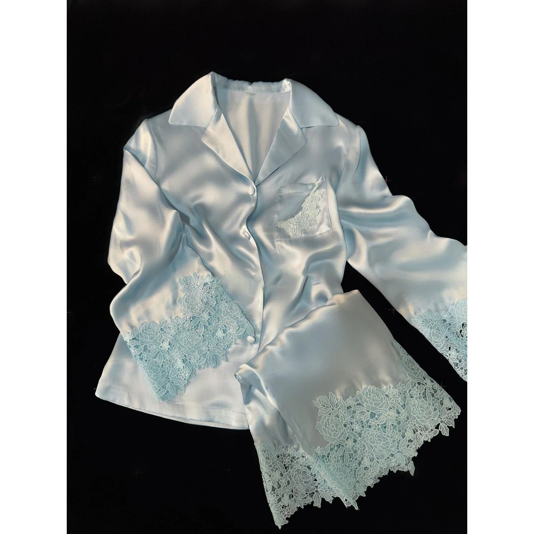 【蕾丝花纹】法式纯色冰丝睡衣套装女春秋季新款高级感缎面家居服