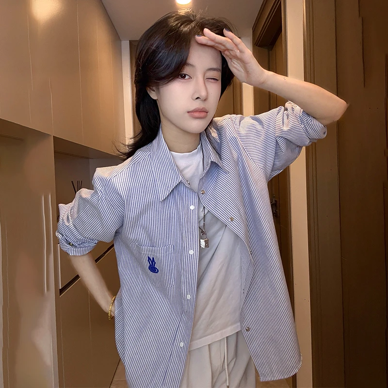 潮牌条纹衬衫男女春夏宽松cityboy兔子刺绣长袖衬衣休闲情侣外套