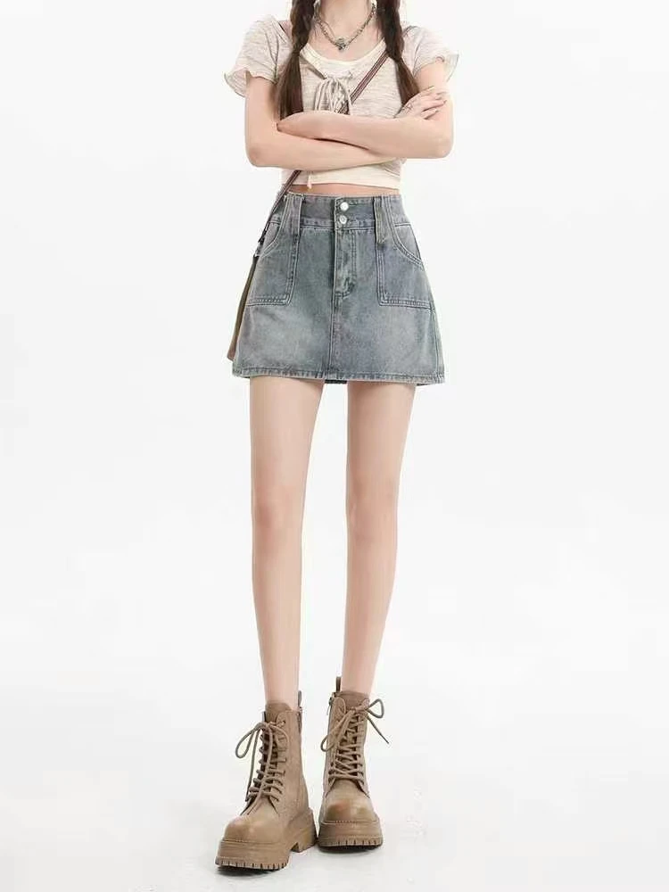 浅蓝色2025夏季A字半裙牛仔半身裙辣妹高腰小个子女包臀短裙弹力
