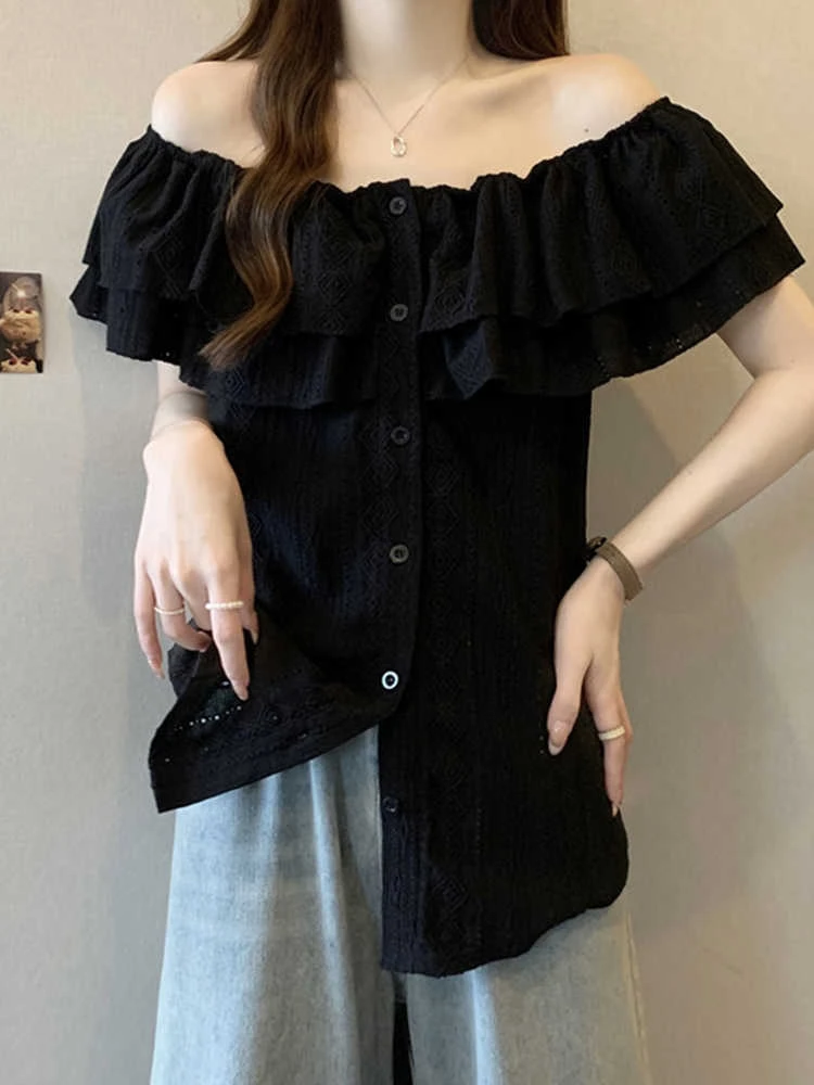 微胖蕾丝设计感显瘦一字肩短袖衬衫女夏季新款收腰显瘦甜辣风上衣