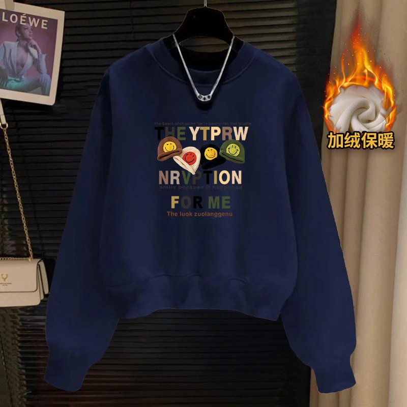 华棉简约印花短款百搭卫衣女加绒/不加绒2025春秋冬新款圆领外套