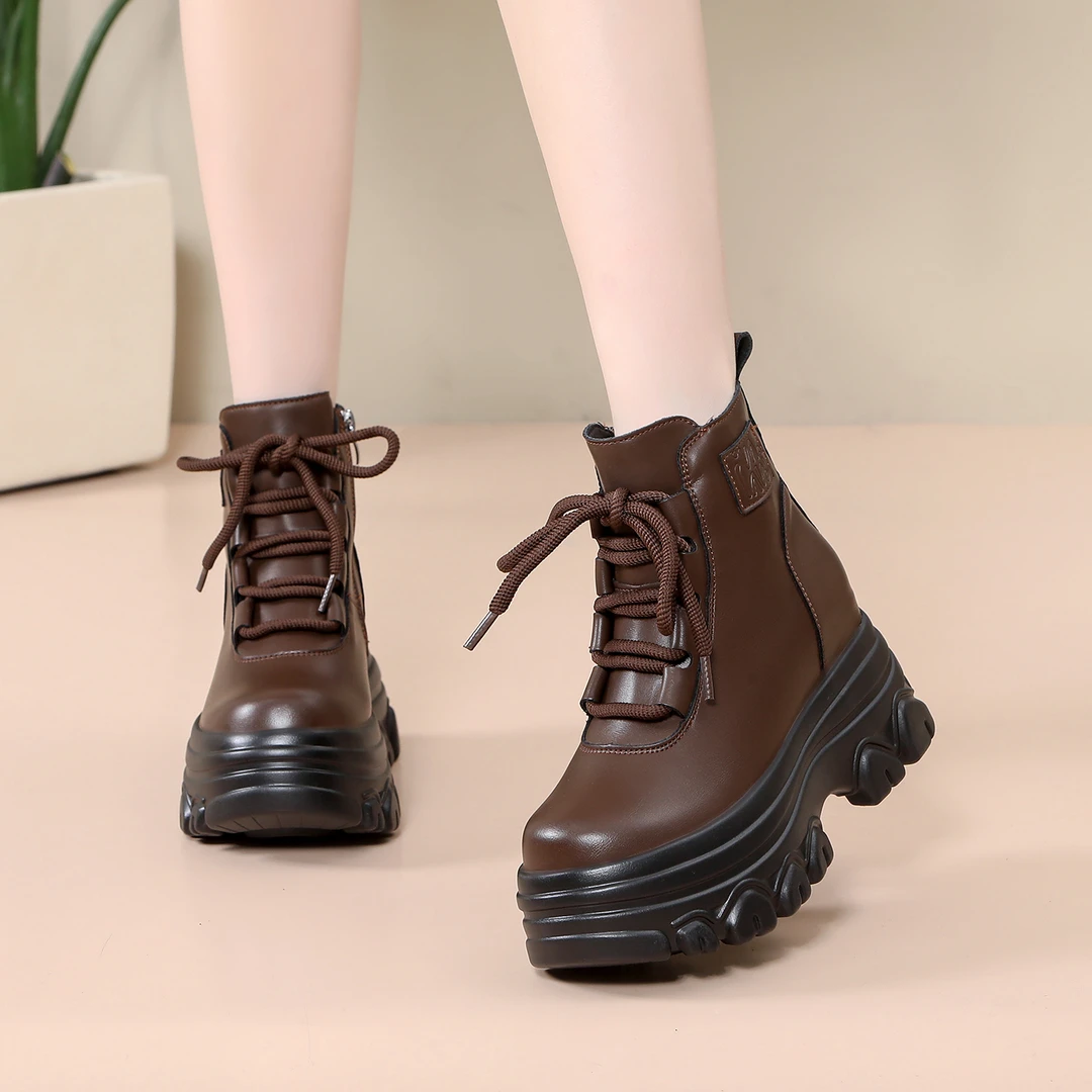 【8-10CM】厚底高跟马丁靴女秋冬新款小个子内增高英伦风中筒短靴棉