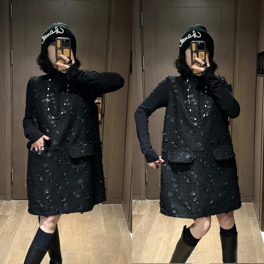 YDFSTUDIO小众【高级之上】高品V领钉珠立体花朵设计名媛连衣裙套装