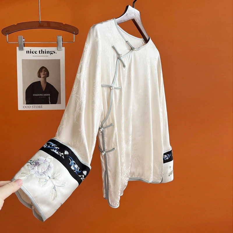 国风高级感小衫春秋女士重工刺绣国潮长袖衬衫改良新中式提花上衣