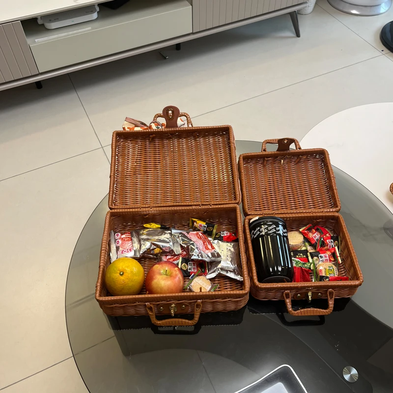 复古有铁架仿藤编野餐手提箱包 田园ins风时尚出片 伴手礼空箱