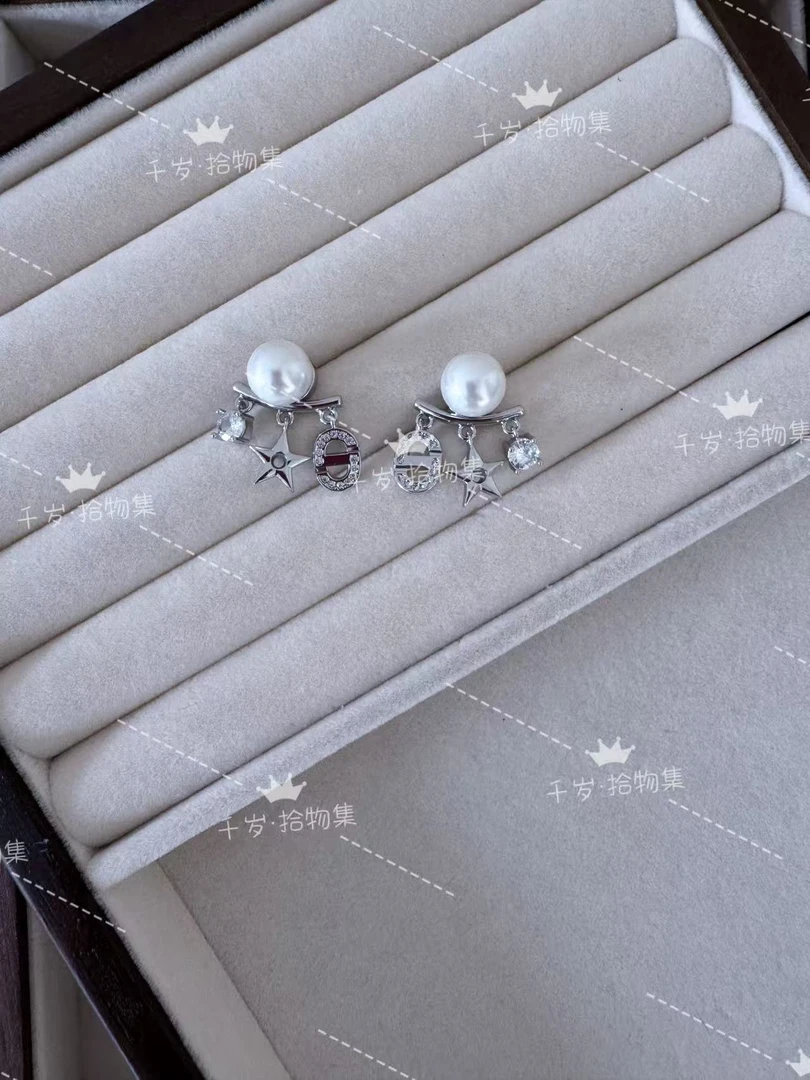 铜合金耳饰 老钱家法式高级感小香风珍珠耳环双戴耳饰（X26）