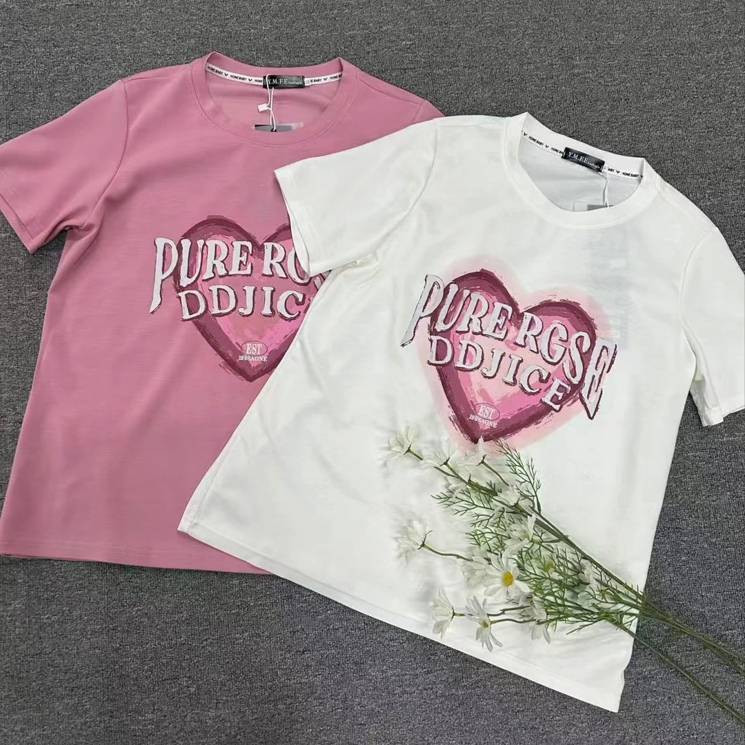 大码女装春季新款洋气百搭圆领爱心字母短袖上衣