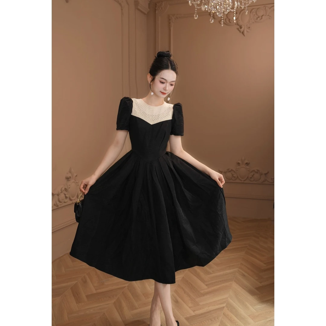 夏季轻奢设计感法式气质名媛收腰显瘦复古方领长款连衣裙80270