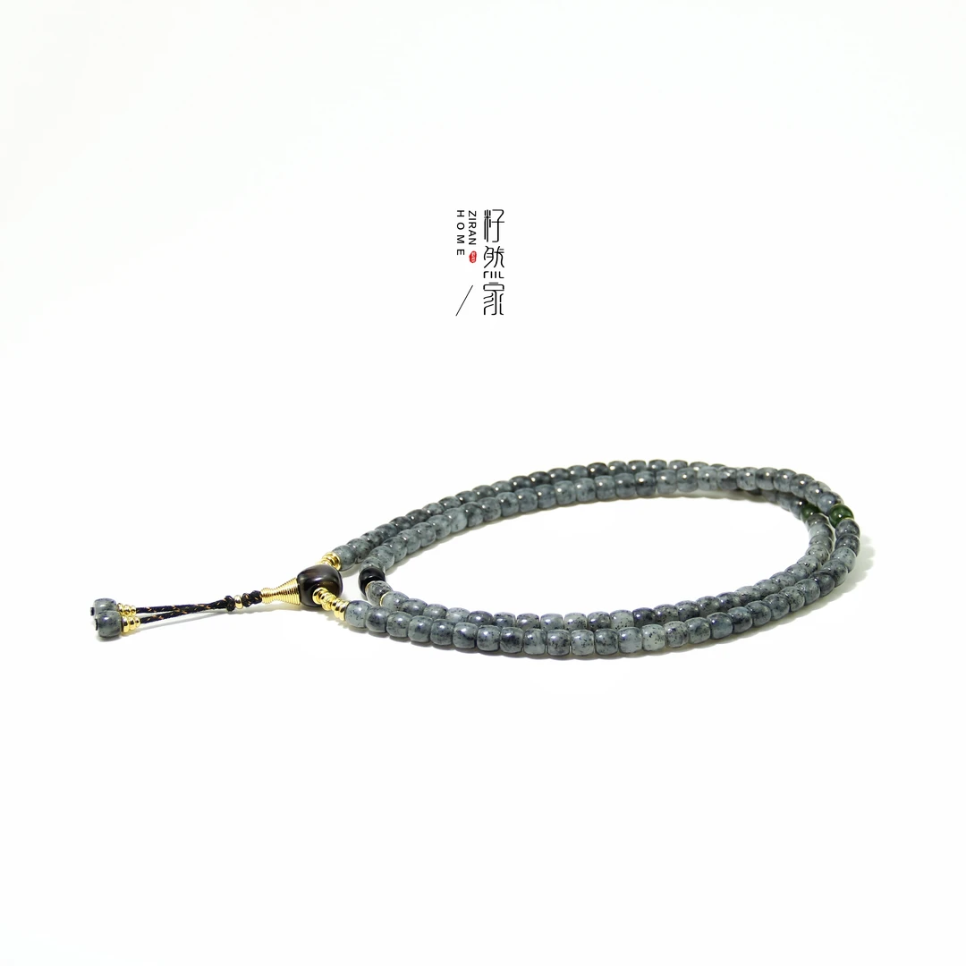 天然和田玉点墨青花直切108佛珠长链多圈7mm