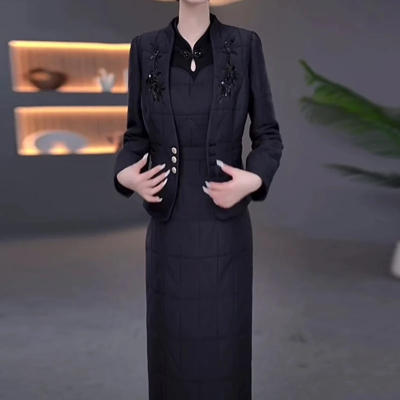 DBF-25B217YR 秋季新款气质夹棉显瘦时尚保暖妈妈装两件套连衣裙