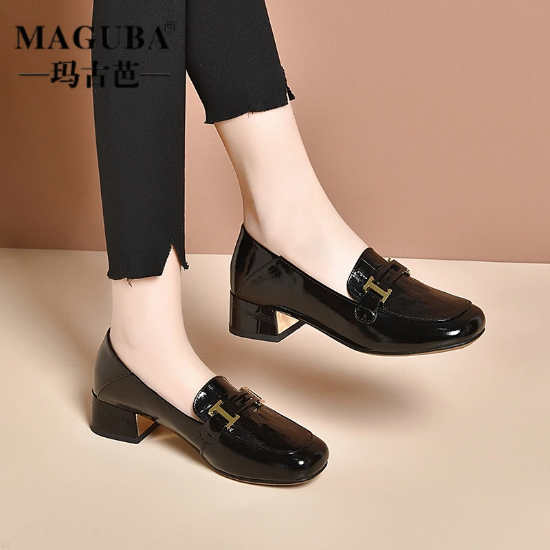MAGUBA/玛古芭轻奢乐福鞋女粗跟亮面英伦风方头新款中跟软底单鞋