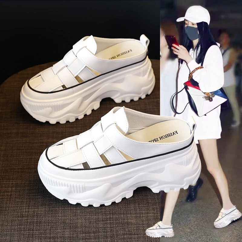 增高8CM拖鞋女外穿厚底2025夏季新款休闲松糕高跟百搭包头半拖鞋