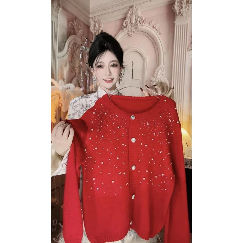【崔】M0196网红冬季新款圆领重工钉珠烫钻系扣时髦针织衫毛衣开衫