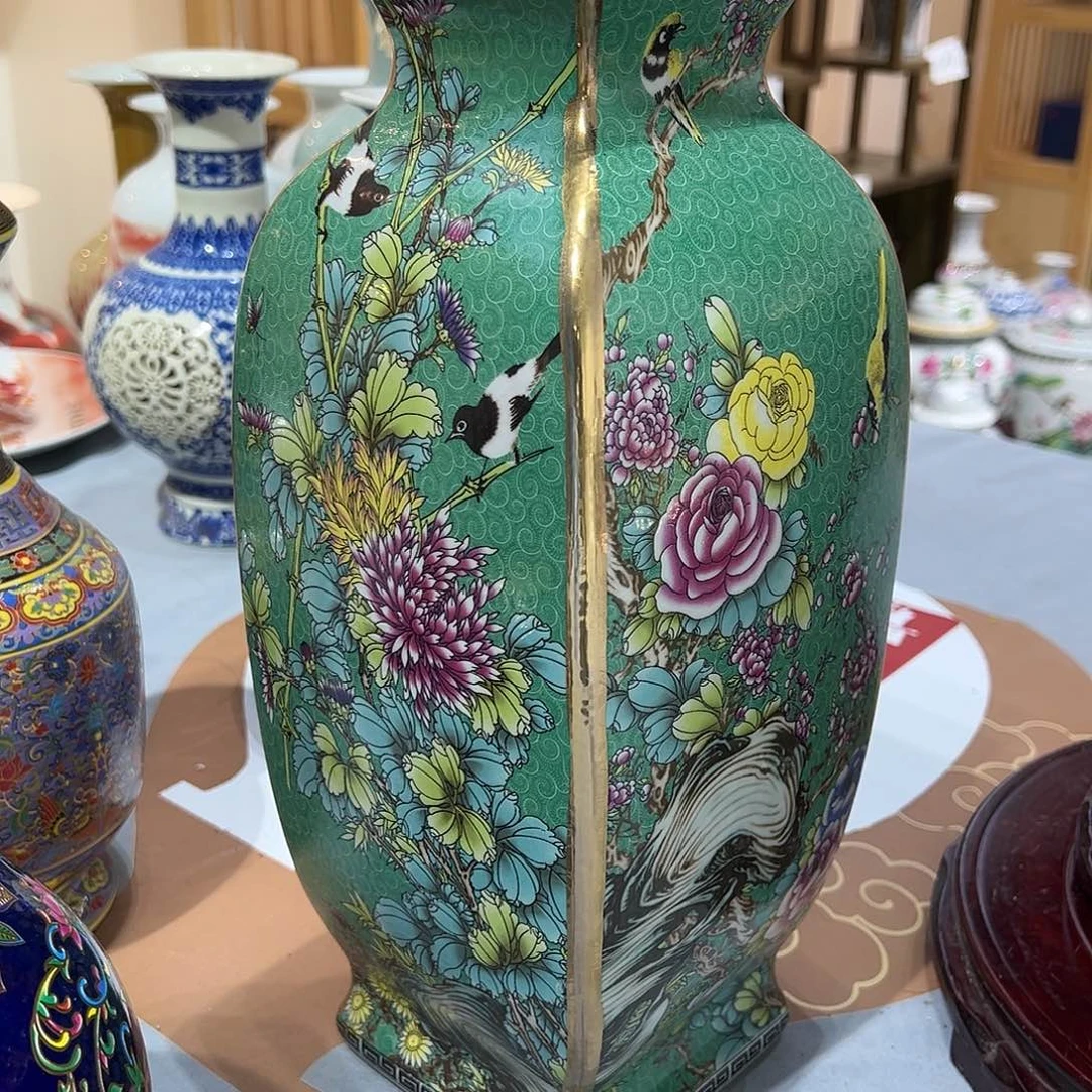 陶摆件34.5cm青色四方瓶