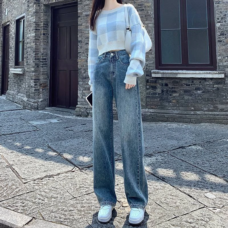 直筒牛仔裤女春秋复古宽松高腰垂感小个子学生百搭洋气阔腿拖地裤