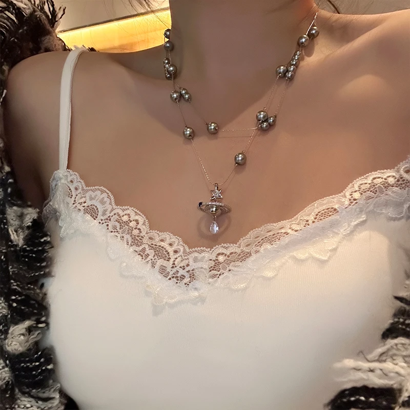 oushipei/欧诗佩 铜合金仿珍珠项链 气质双层叠戴镶钻星球项链女