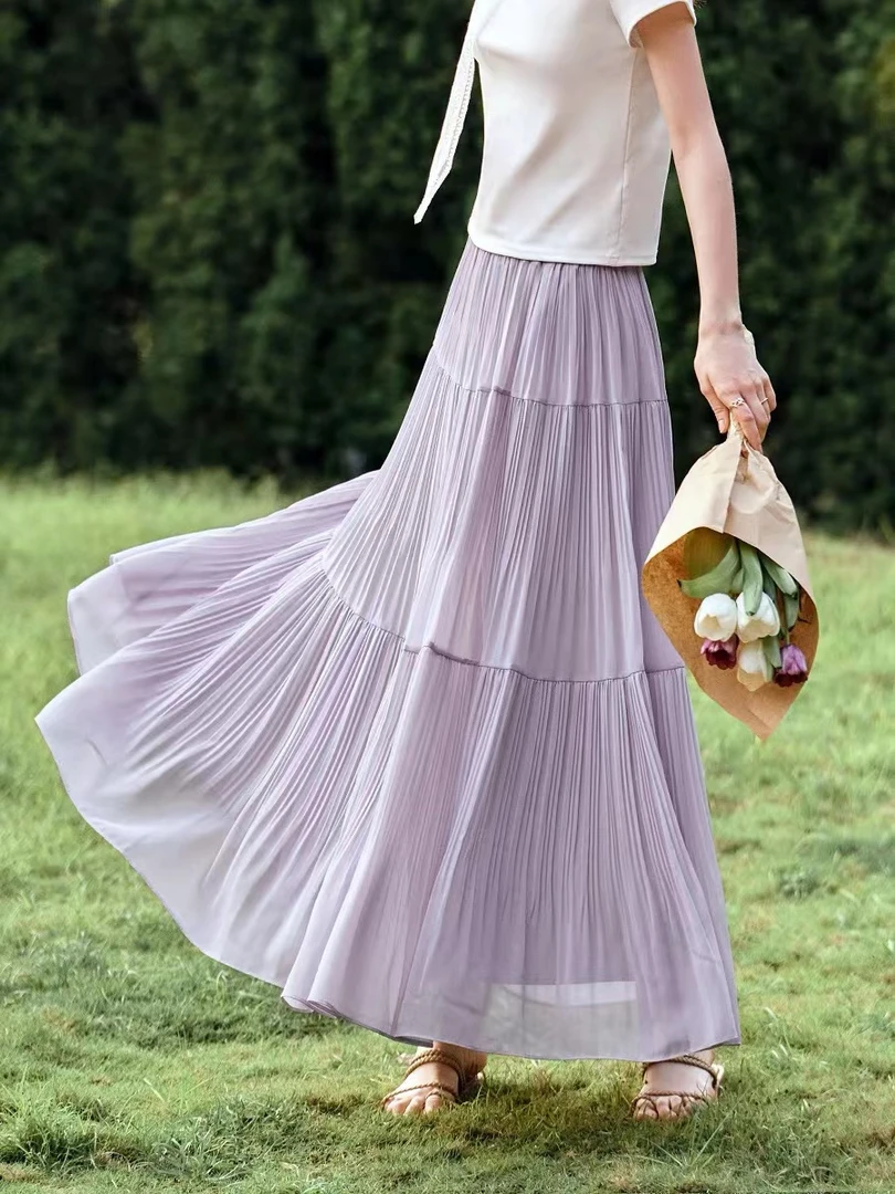 E1765雪纺半身裙夏2025新款高腰中长款A字裙显瘦大摆蛋糕长裙Z754