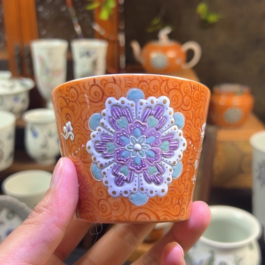 琉璃手工艺品手绘矾红珐琅彩朱口杯