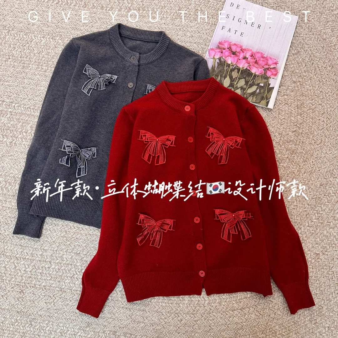 MeiQi 泡菜设计师款！立体蝴蝶结装饰圆领纯色针织衫秋毛衣A4191