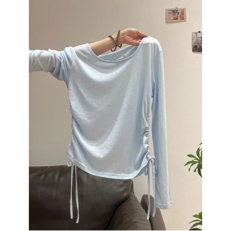 设计感抽绳收腰修身显瘦长袖T恤女夏季薄款微透防晒罩衫休闲上衣