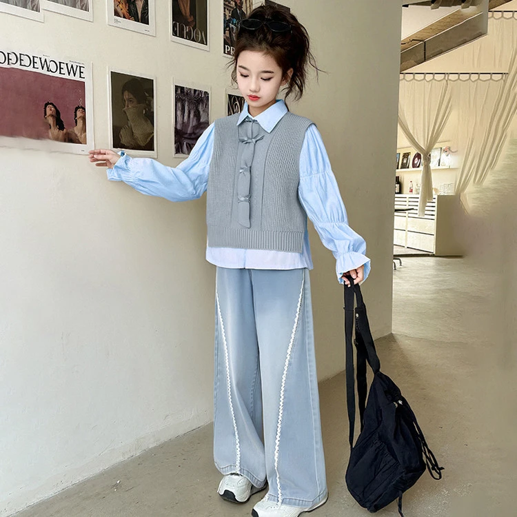 女大童春秋学院风套装2025新款时髦洋气女孩马甲牛仔裤春装三件套