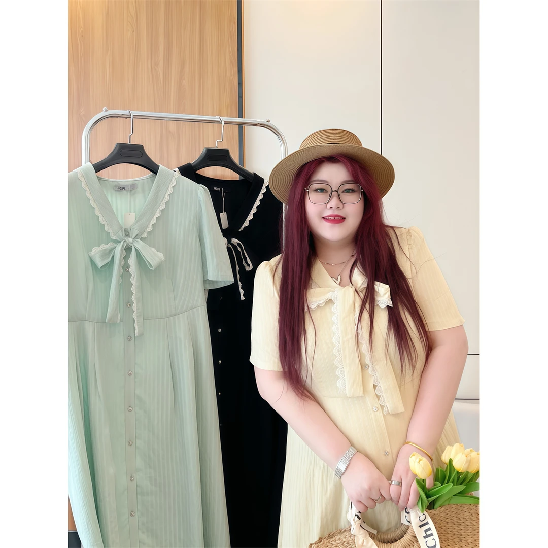 大码女装夏季花契200斤胖mm优雅法式蕾丝蝴蝶结短袖连衣裙13894