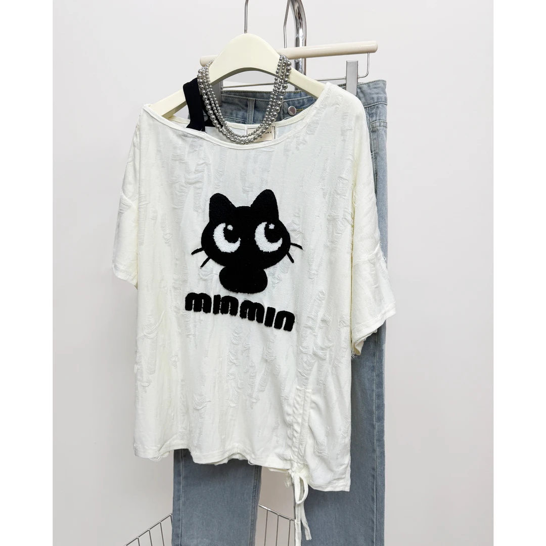 2025新甜豆漫佳复古破坏感斜领短袖T恤女夏季设计宽松百搭上衣