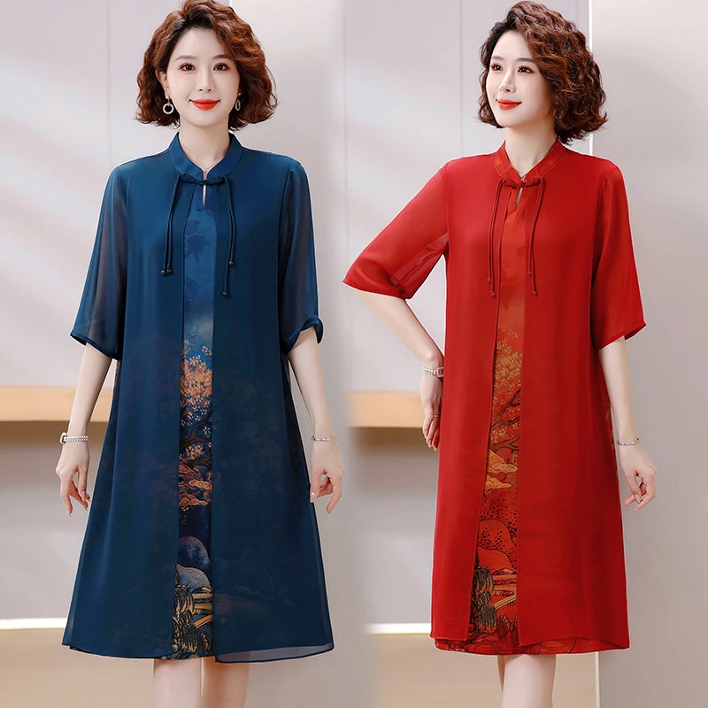 妈妈夏装中国风假两件连衣裙气质中年女夏季中袖改良旗袍雪纺裙子