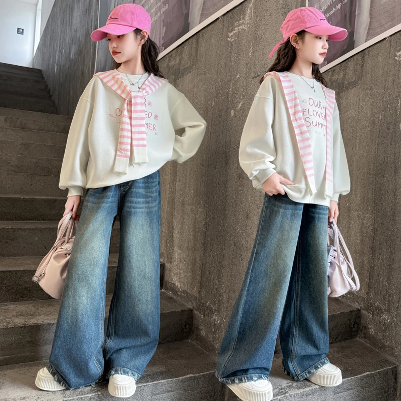 女童披肩卫衣牛仔裤套装2025秋季6-12岁潮酷中大童时髦休闲两件套