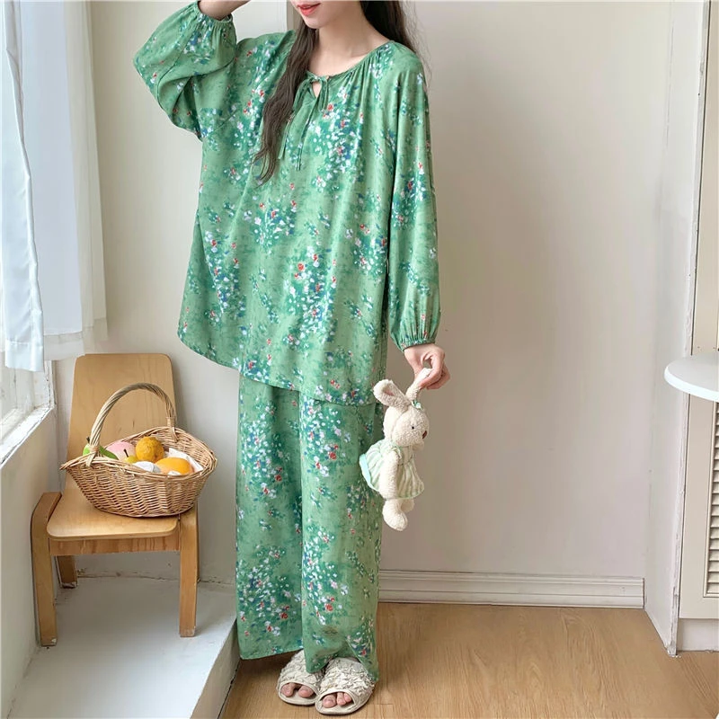 绵绸睡衣女春夏季新款加大码长袖印花套装网红居家人棉家居服秋