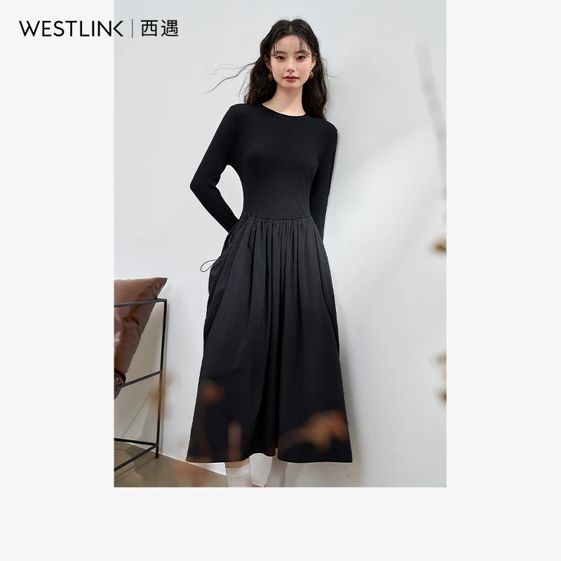 42618西遇长袖打底连衣裙女2024年秋季新款拼接修身黑色针织长裙