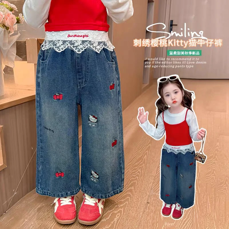 女童秋季牛仔裤2025新款卡通刺绣宽松直筒裤中小女孩百搭阔腿裤韩