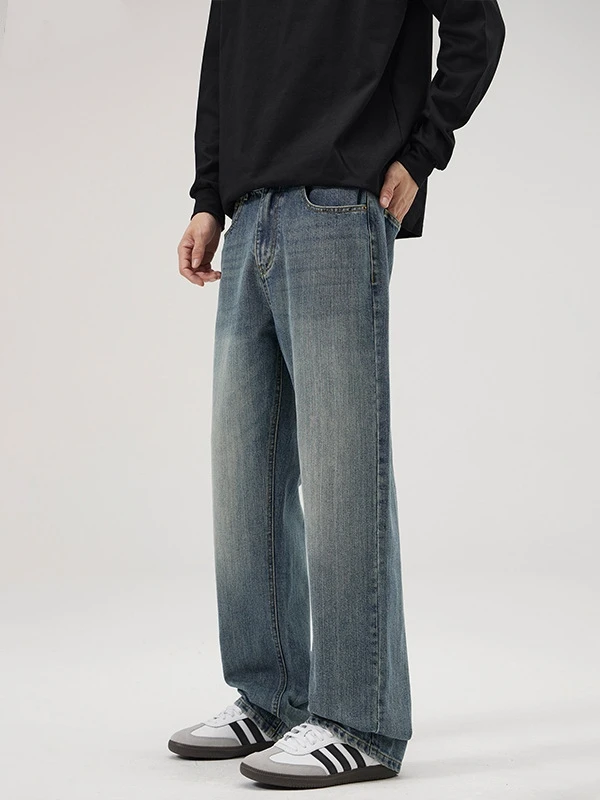 精品男装美式复古重磅水洗牛仔裤男士宽松显瘦百搭直筒长裤子潮流