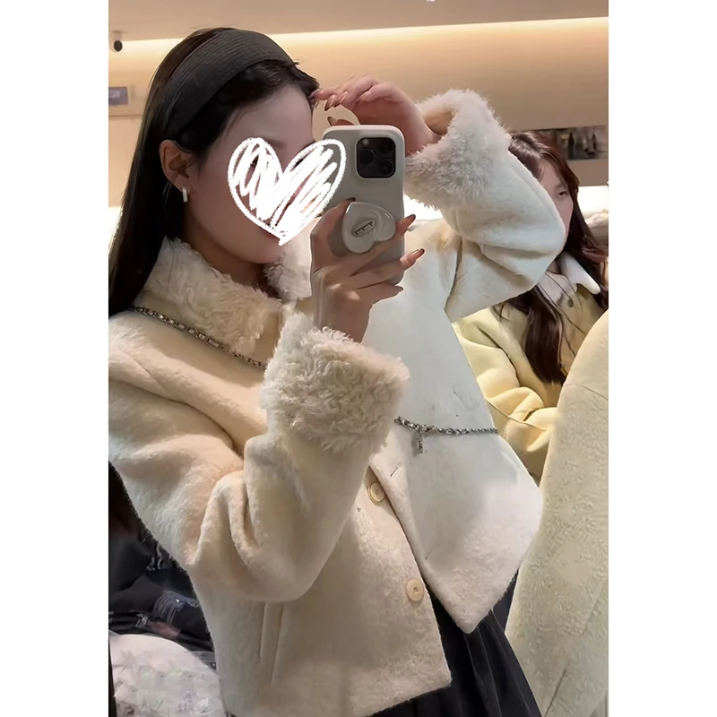 韩系小香风羔羔毛翻领短外套冬季气质百搭休闲单排扣上衣女
