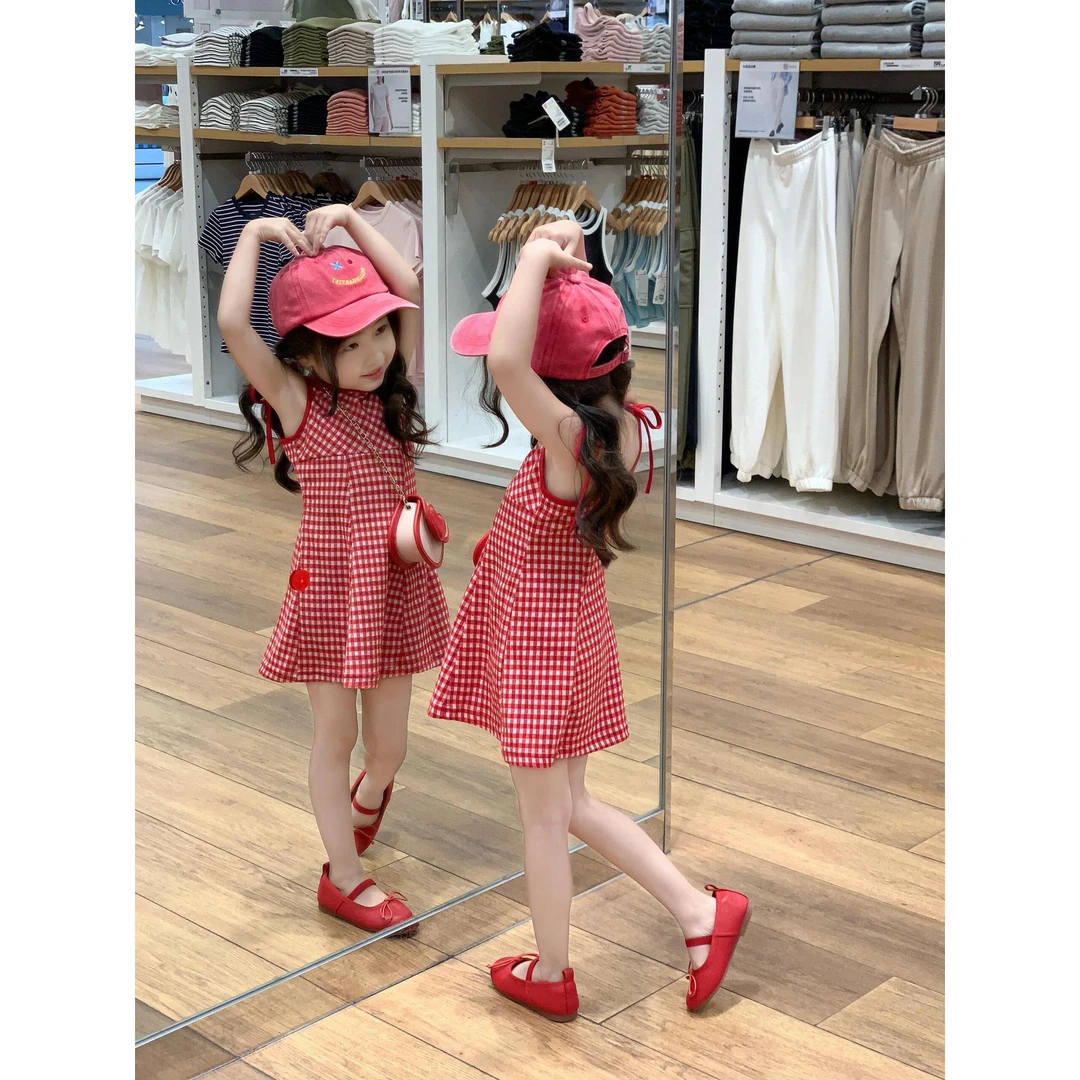 【现货】女童吊带短裙25夏季新款甜酷女孩红格子系带修身A字背心裙