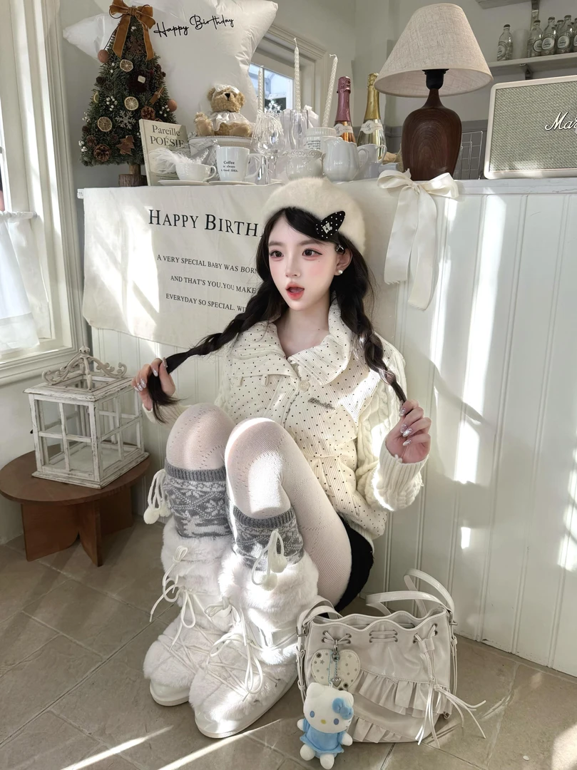 Moonpai/波点针织拼接长袖棉服外套女冬季小个子面包服学院风棉衣