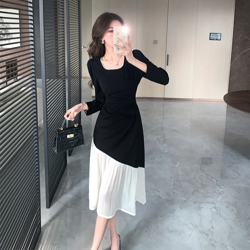 气质法式显瘦黑色大方领高级感长款漂亮独特连衣裙女秋季新款6027