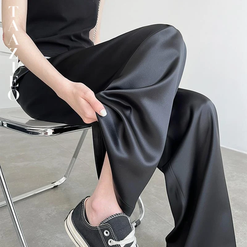 黑色阔腿裤女夏薄款2025新款高级感垂感宽松直筒冰丝醋酸缎面裤子