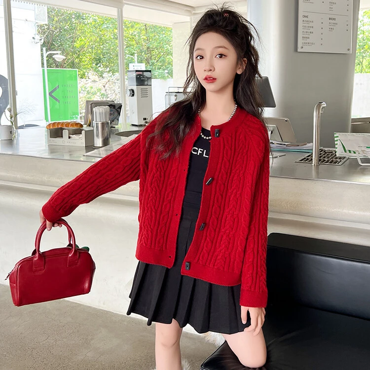 女大童毛衣外套春秋装2024新款韩版洋气时髦上衣女孩休闲针织开衫