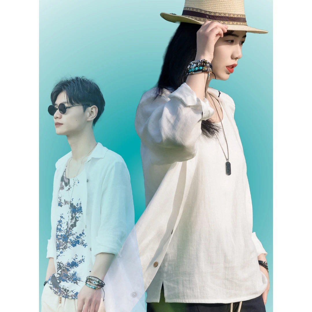 帆笙原创2025夏秋百搭100苎麻长长袖衬衣衬衫情侣装宽松苎麻男装