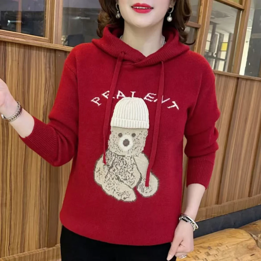 新年款女士时尚洋气秋冬爱心保暖百搭休闲加厚针织喜庆连帽毛衣