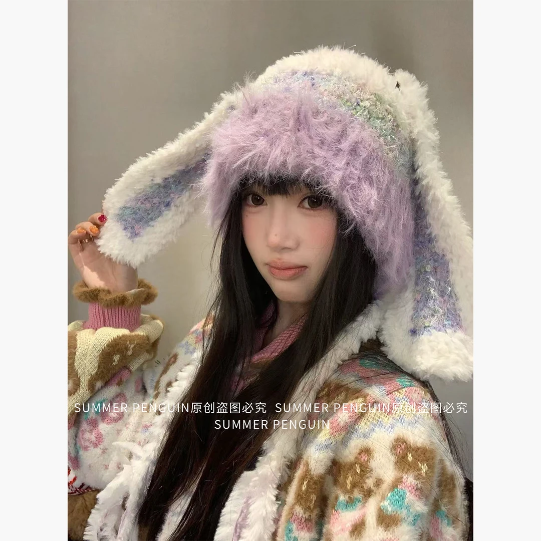 SUMMER PENGUIN夏企原创长耳兔手工套头帽女秋冬针织保暖护耳帽子