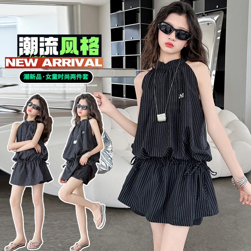 复古条纹挂脖系带套装裙女童法式无袖收腰花苞短裤女孩夏季两件套