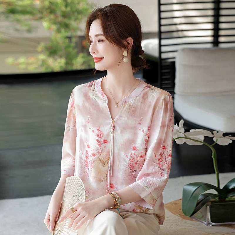 妈妈七分袖宽松上衣2025新款中老年夏装短袖老年人雪纺衬衫洋气