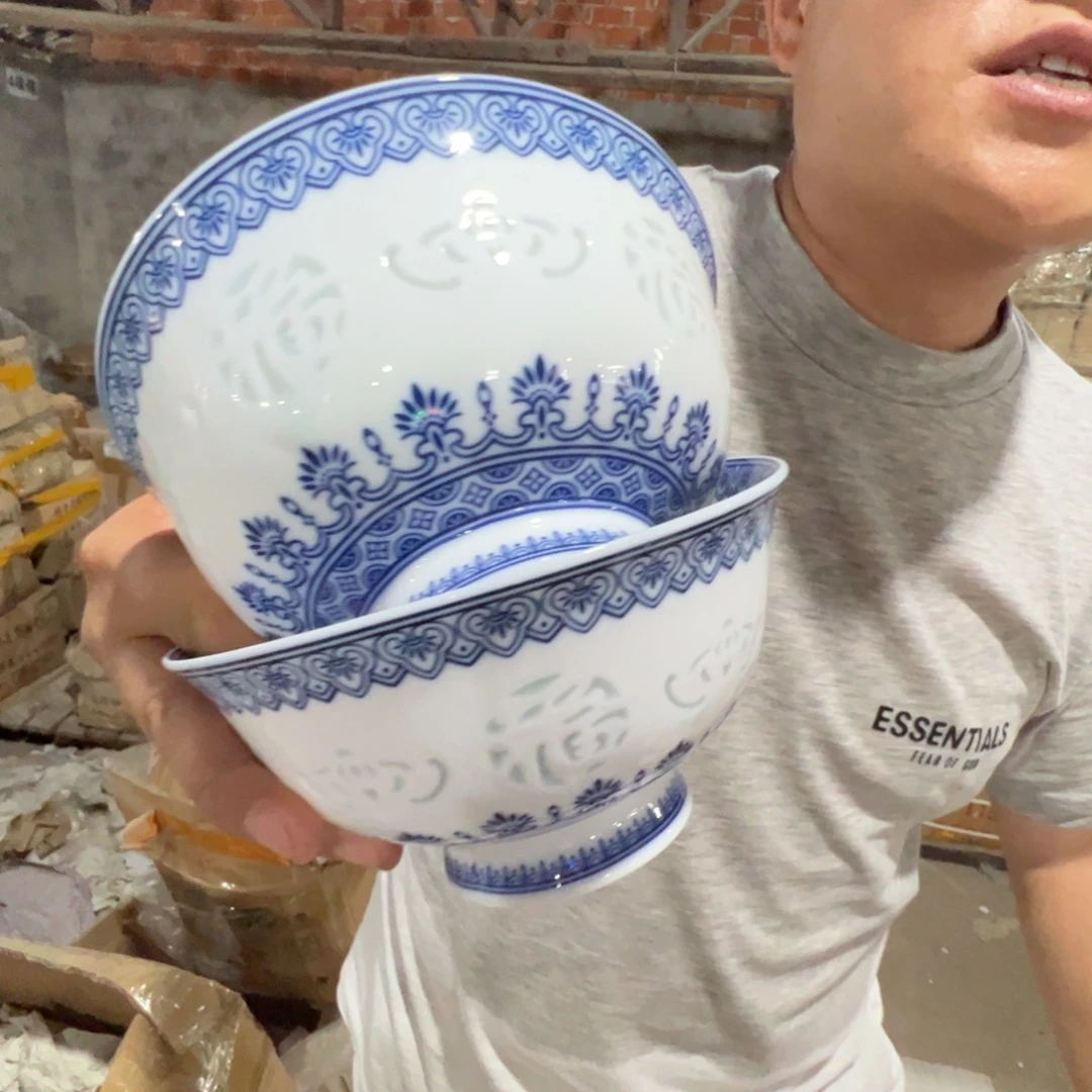 瓷片景德镇陶瓷青花福字玲珑6寸面碗2只