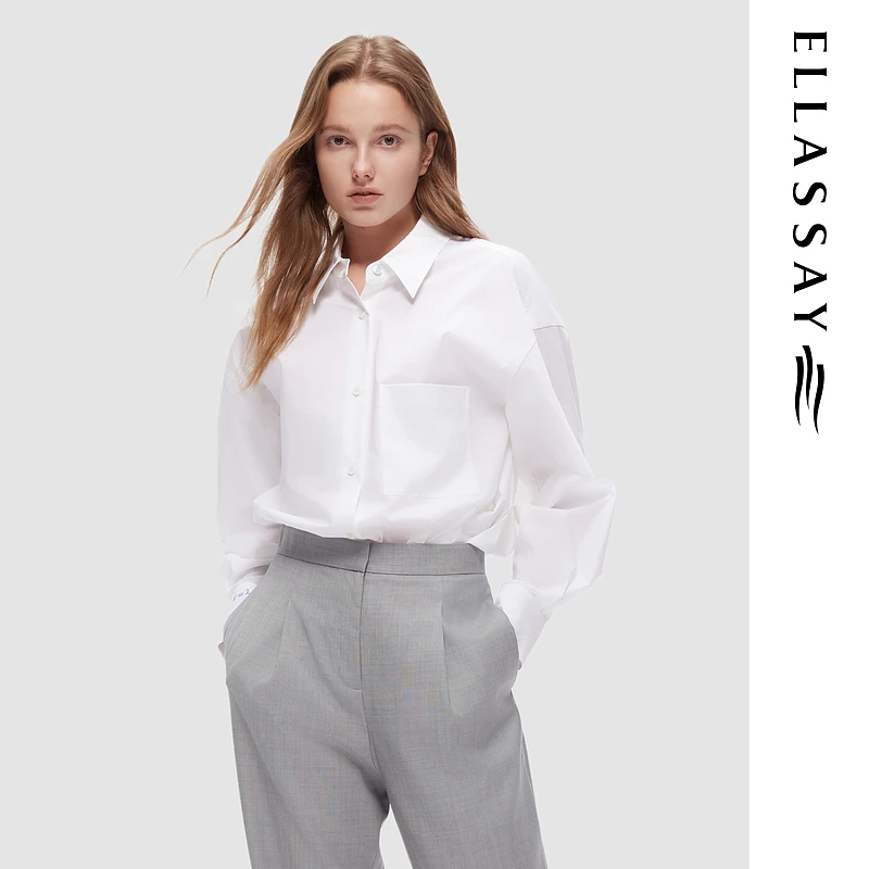 ELLASSAY歌力思早秋新款百搭通勤白色长袖衬衫女EWW343C02200