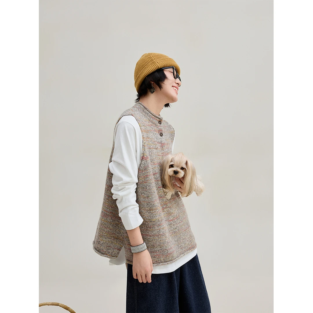 麻霖羊驼毛绵羊毛混纺彩色段染纱爬领中长文艺休闲针织马甲