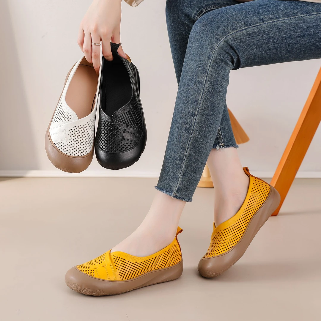 新款头层牛皮镂空网面女鞋软底中年平底妈妈鞋舒适百搭透气洞洞鞋
